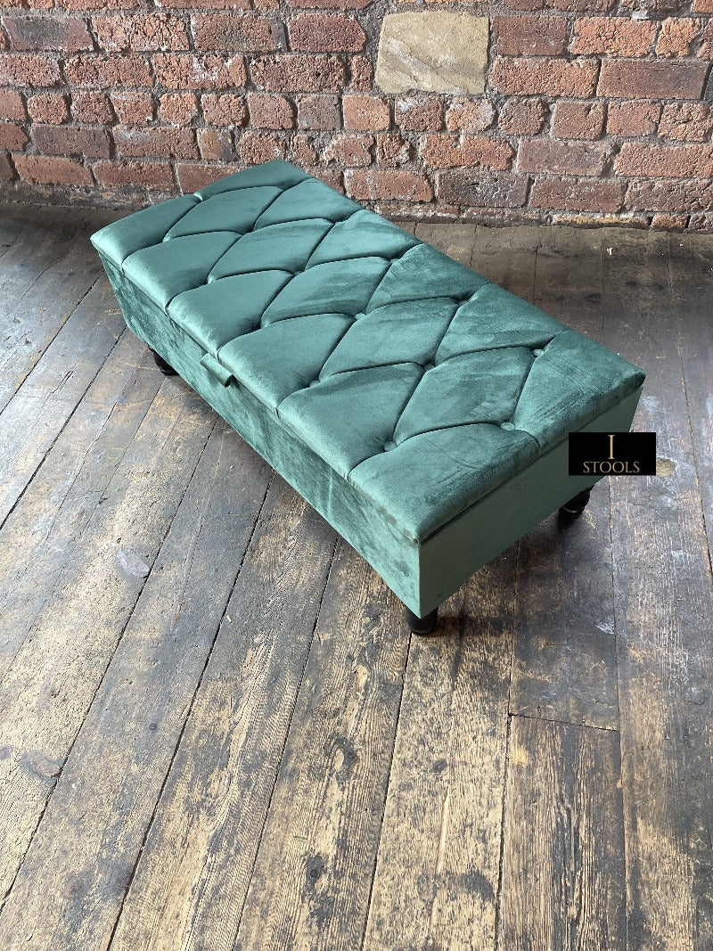 Green Ottoman Storage Bench | Velvet Green Footstool UK | Dark Green Ottoman Bench