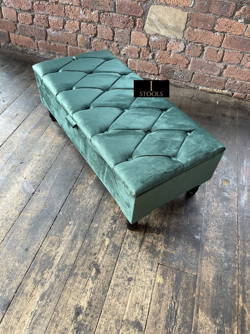Green Ottoman Storage Bench | Velvet Green Footstool UK | Dark Green Ottoman Bench