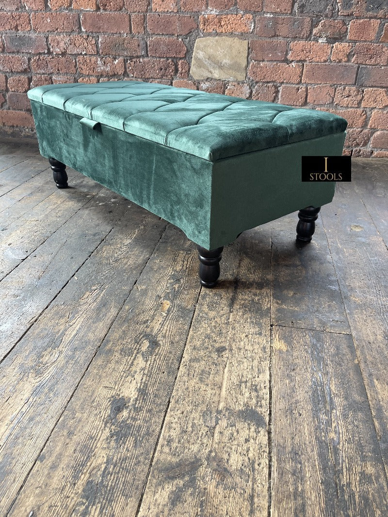 Green Ottoman Storage Bench | Velvet Green Footstool UK | Dark Green Ottoman Bench