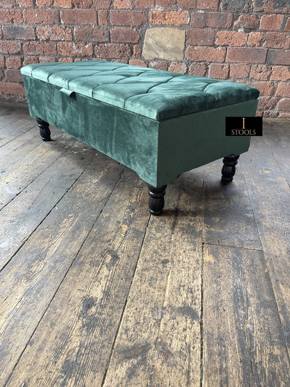 Green Ottoman Storage Bench | Velvet Green Footstool UK | Dark Green Ottoman Bench