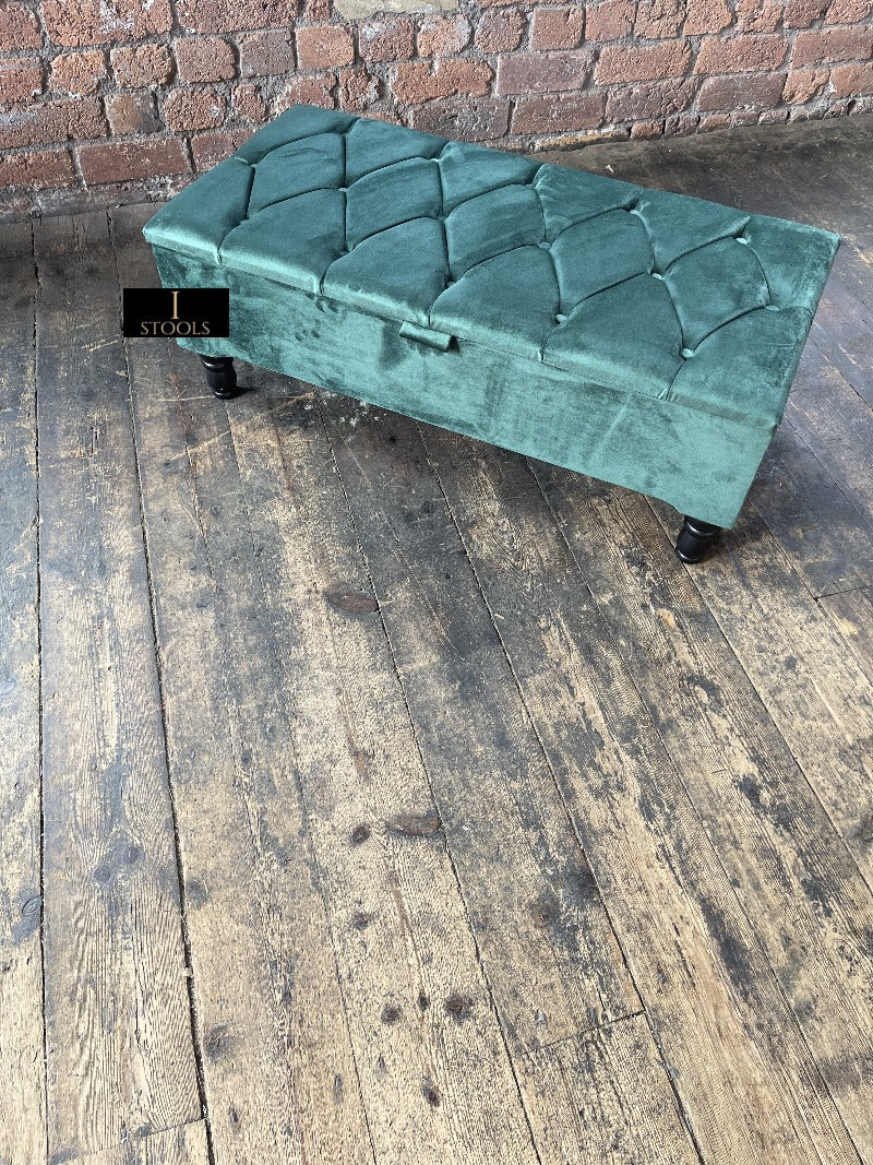 Green Ottoman Storage Bench | Velvet Green Footstool UK | Dark Green Ottoman Bench