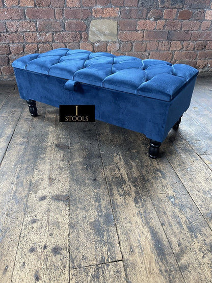 Blue Coffee Table Ottoman Storage Bench | Velvet Blue Chesterfield Footstool UK