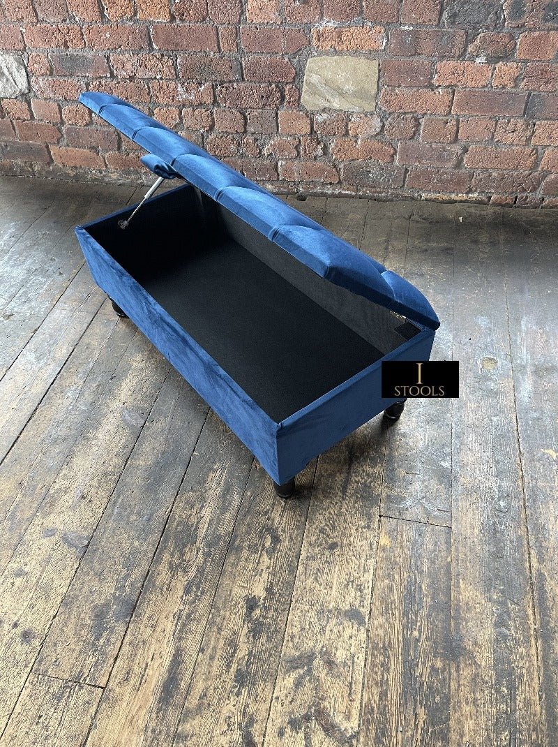 Blue Coffee Table Ottoman Storage Bench | Velvet Blue Chesterfield Footstool UK