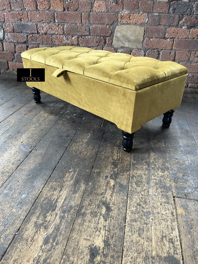 Mustard Gold Ottoman Storage Bench | Gold Velvet Chesterfield Footstool
