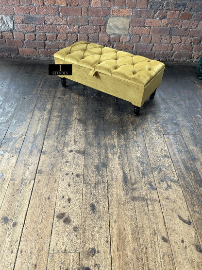 Mustard Gold Ottoman Storage Bench | Gold Velvet Chesterfield Footstool