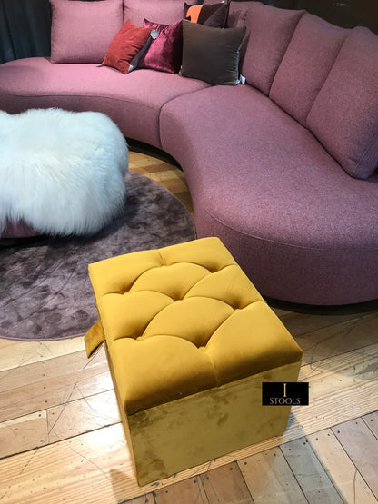 Mustard Gold Small Storage Box | Small Gold Footrest UK | Gold Ottoman Stool with Storage