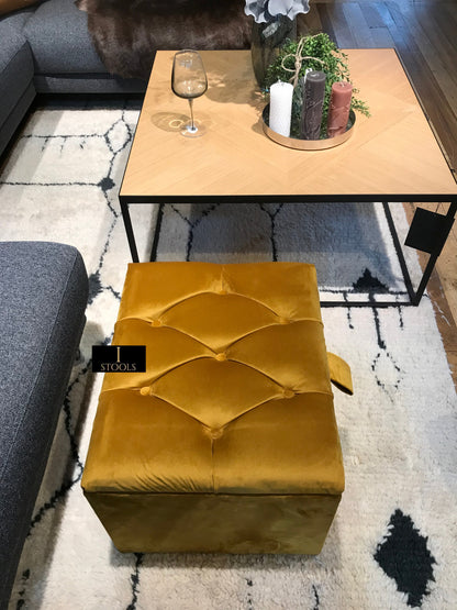 Mustard Gold Small Storage Box | Small Gold Footrest UK | Gold Ottoman Stool with Storage