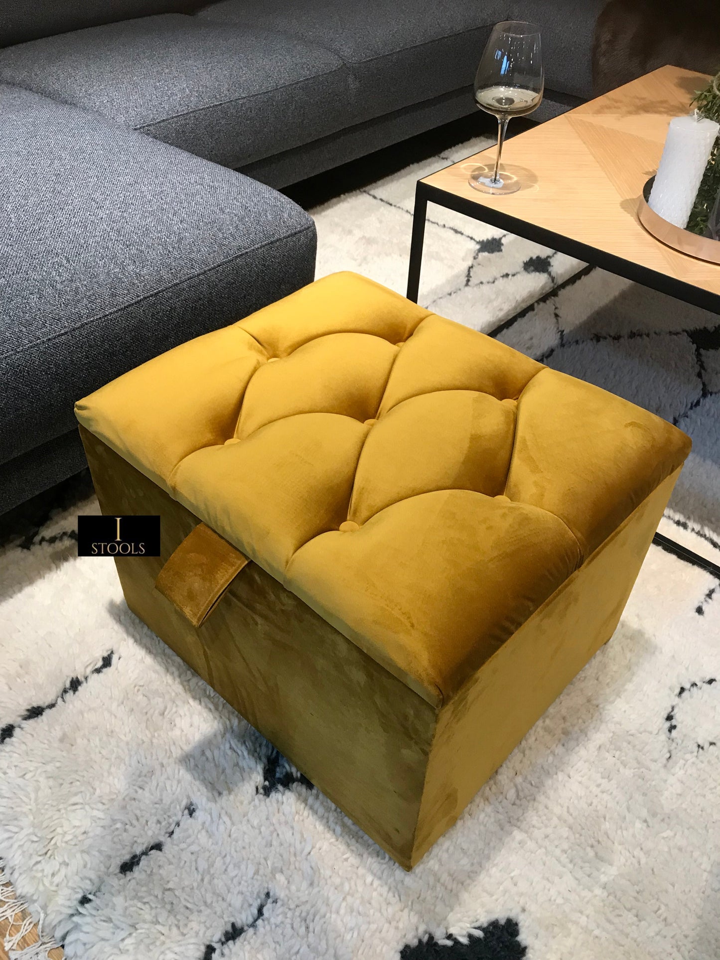Mustard Gold Small Storage Box | Small Gold Footrest UK | Gold Ottoman Stool with Storage
