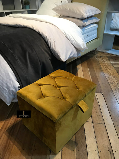 Mustard Gold Small Storage Box | Small Gold Footrest UK | Gold Ottoman Stool with Storage