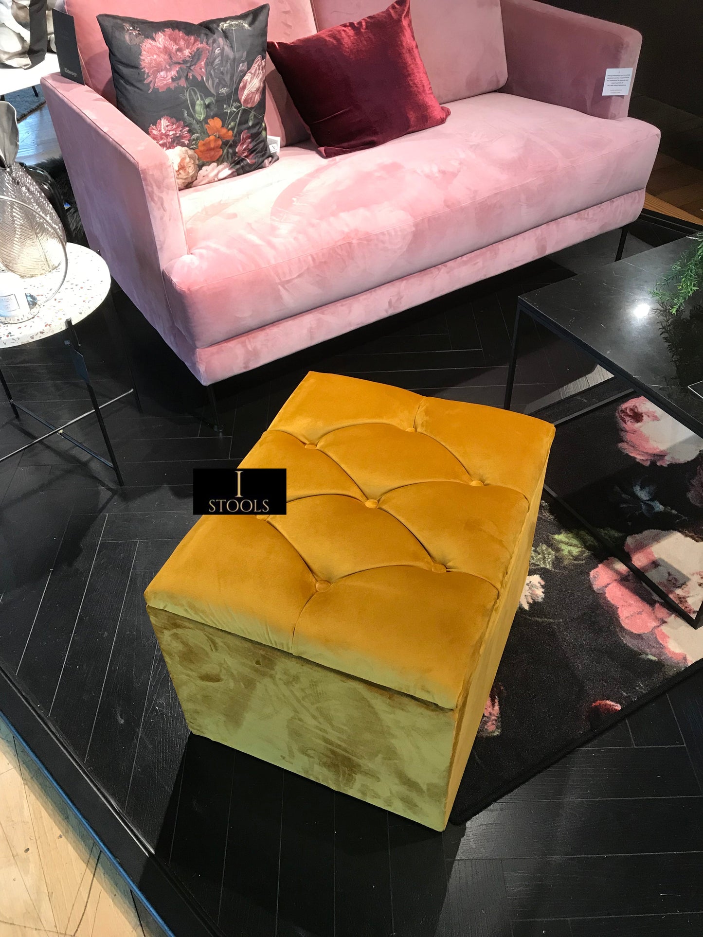 Mustard Gold Small Storage Box | Small Gold Footrest UK | Gold Ottoman Stool with Storage