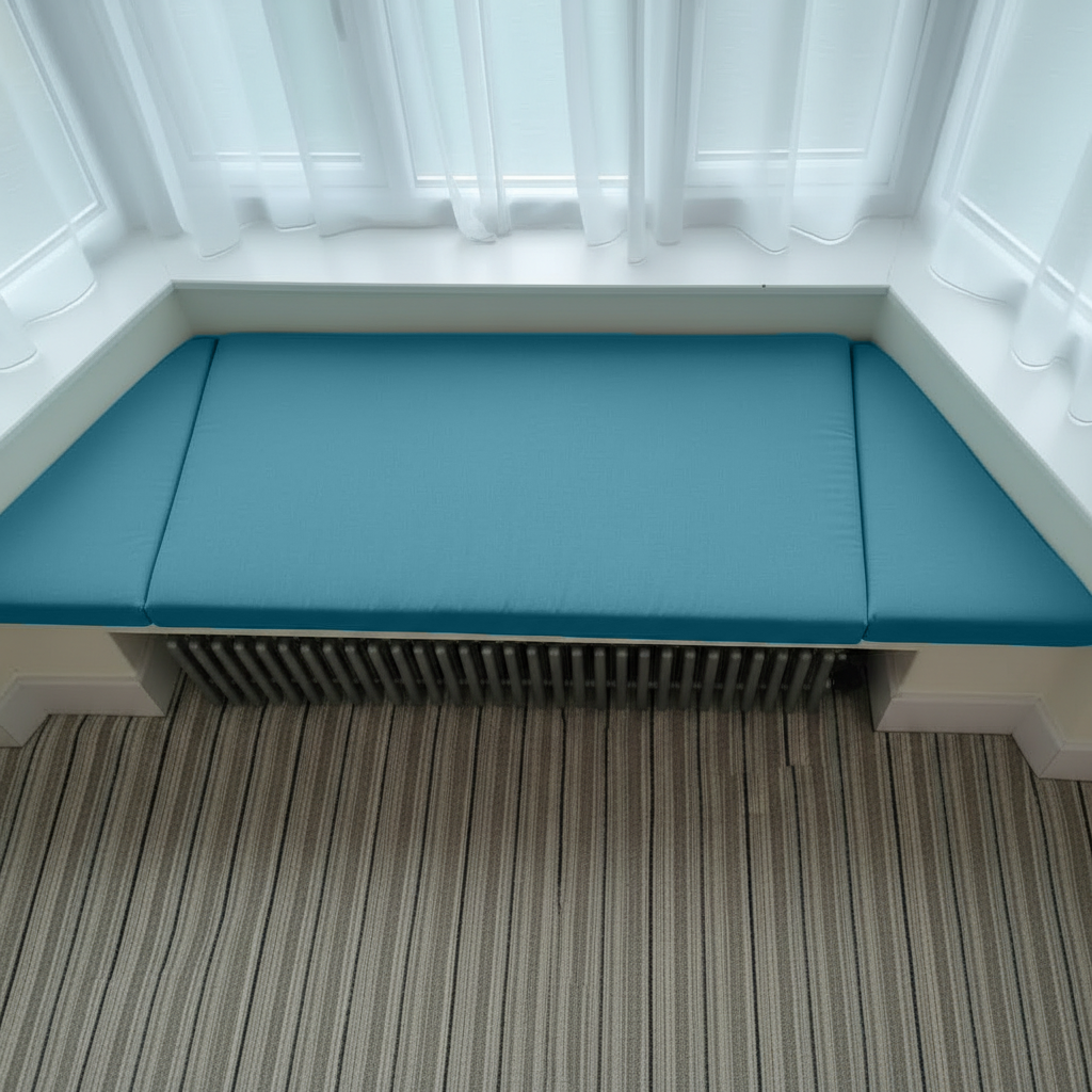 Interior design featuring aqua bay window cushions and reading nook