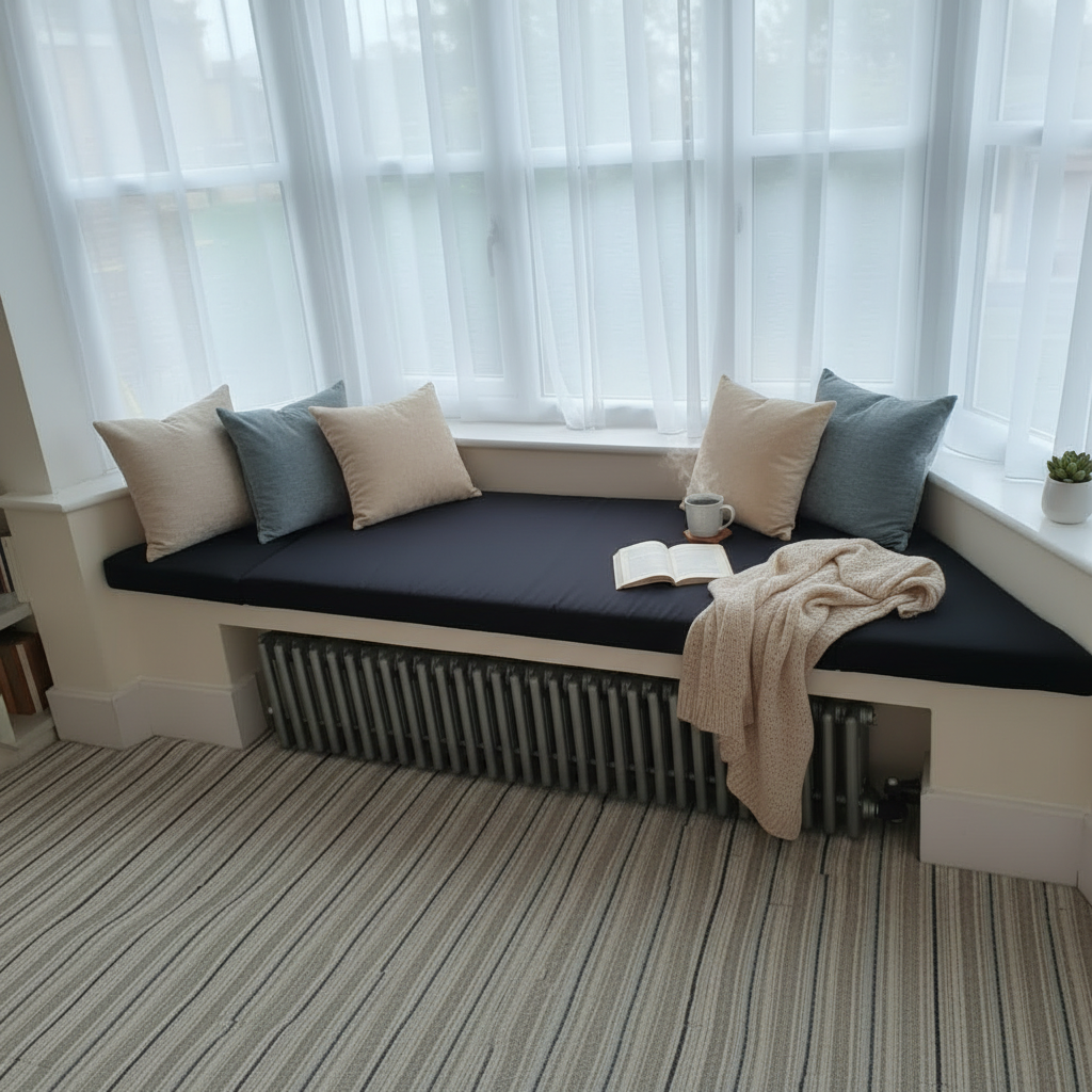 Interior design showcasing reading nook with bespoke black cushions