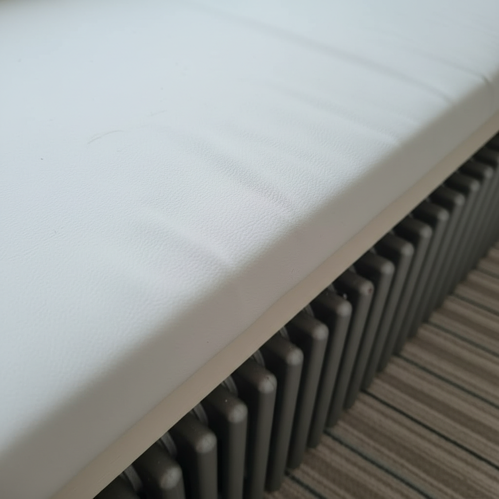Interior design showing crisp White bay window seating
