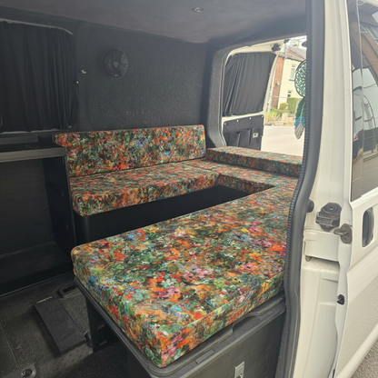 Kaleidoscope Abstract pattern bespoke campervan cushion seating-Premium multicolor motorhome cushions with artistic design-Custom made to measure campervan bed cushion UK-Handcrafted impressionist motorhome seating and replacement cushions-High quality caravan cushion seating with vibrant abstract print
