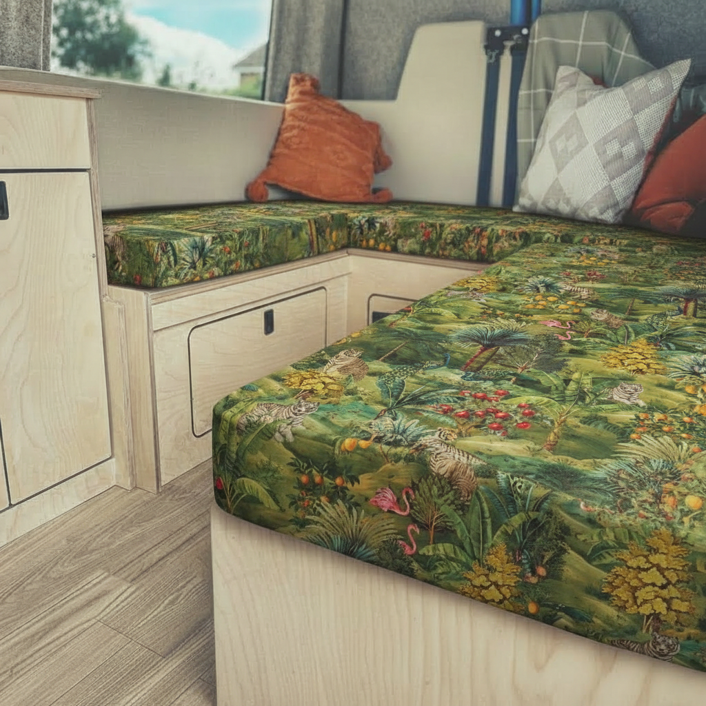 Exotic rainforest safari Campervan cushions with green foliage-Lush Green Wildlife Upholstery on dining area benches-Deep jungle print motorhome seating with palm trees-High density foam cushions for nature-inspired van conversion-Maximalist camper interior with green botanical fabric

