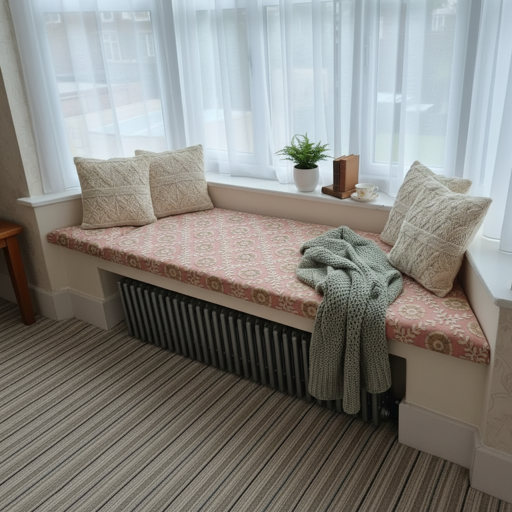 Luxury 3-piece bay window cushion set custom made for angled seating areas