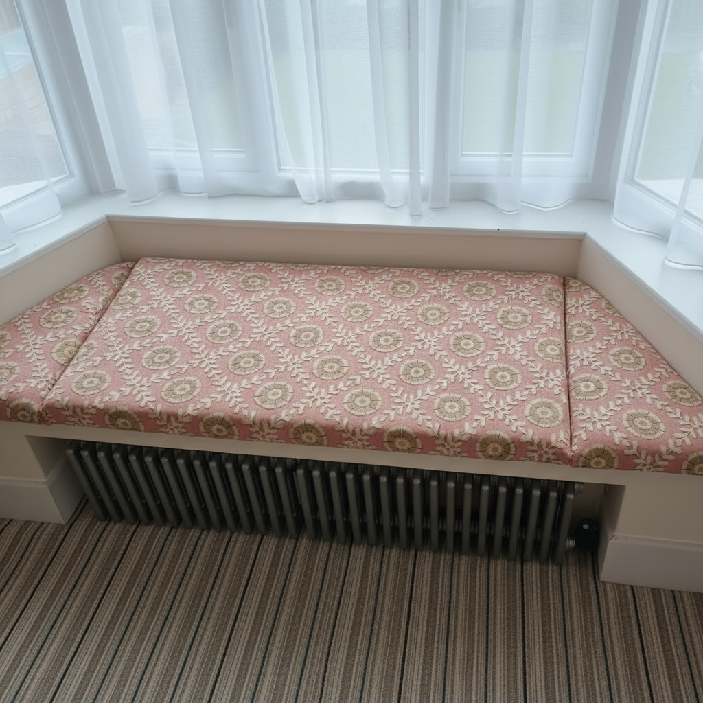 Luxury 3-piece bay window cushion set custom made for angled seating areas