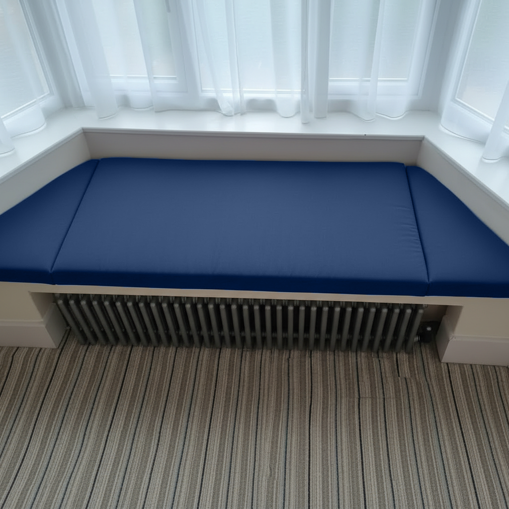 Luxury Royle Blue window seat mattress with box edge and piping

