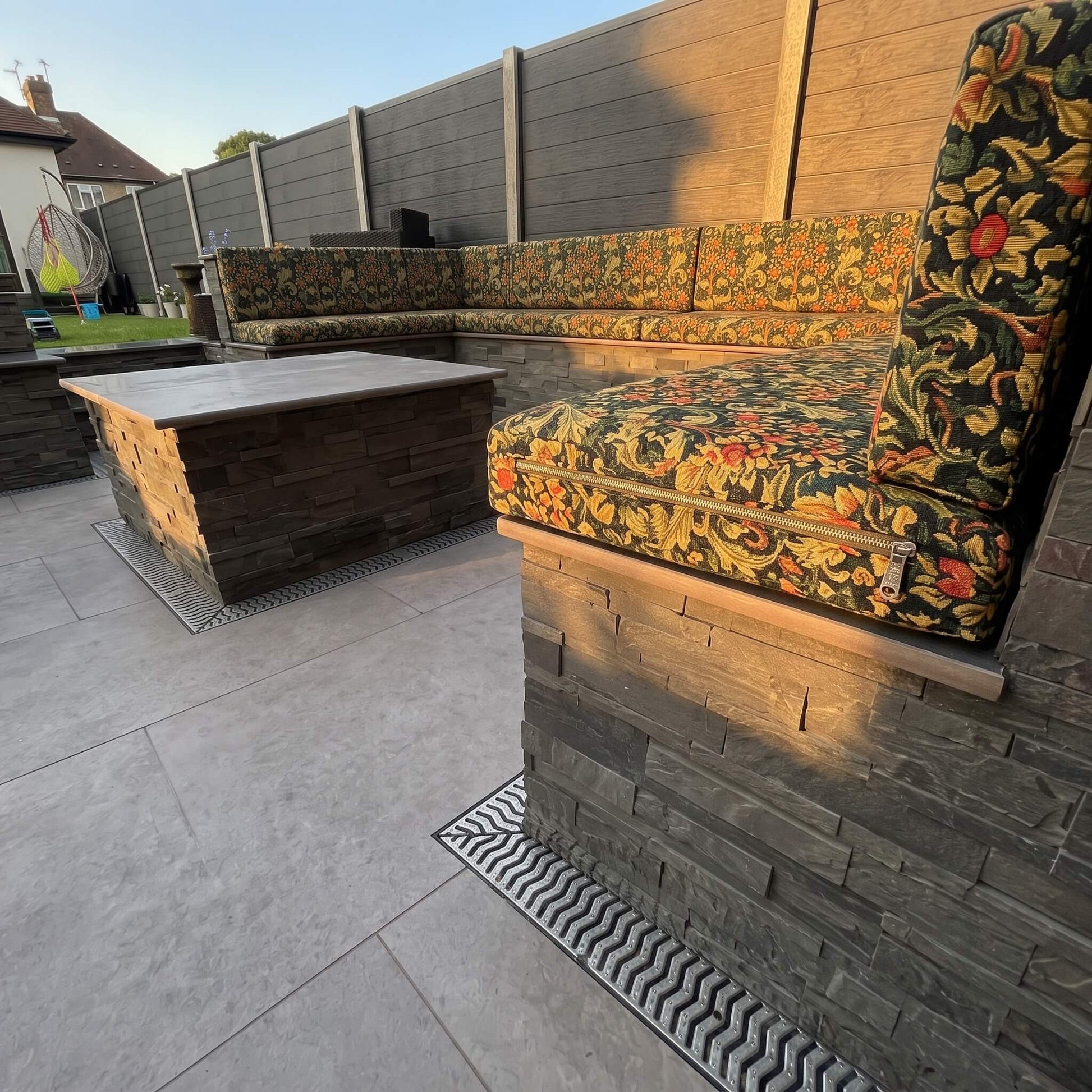 Luxury outdoor seating cushions handcrafted with high density foam and heavy duty zipped covers for patio use
