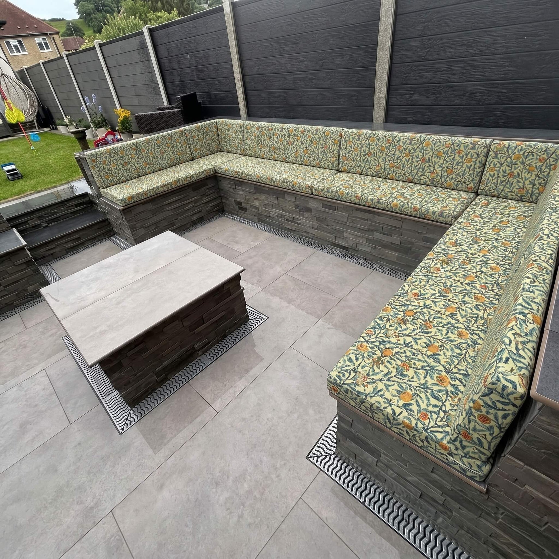 Luxury waterproof garden cushion on outdoor seating with premium canvas fabric