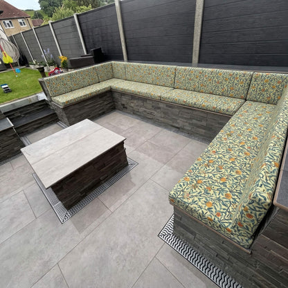 Luxury waterproof garden cushion on outdoor seating with premium canvas fabric