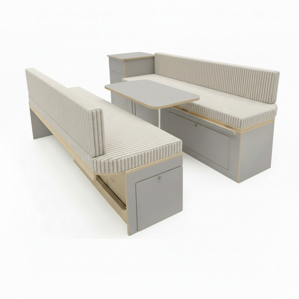 Made to measure motorhome cushions showing precision fit and modern fabric