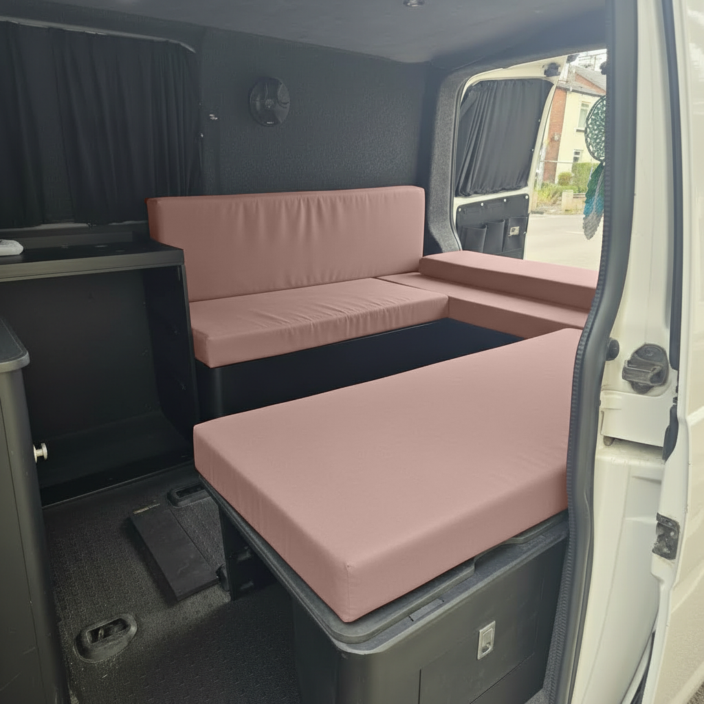 Made to measure pink upholstery for van life interior
