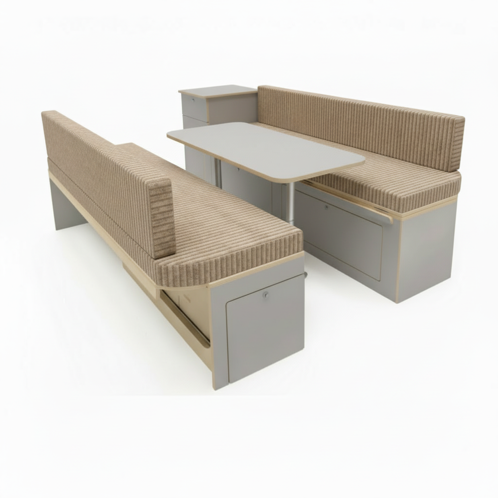 Made to measure ribbed motorhome upholstery showing perfect dinette fit