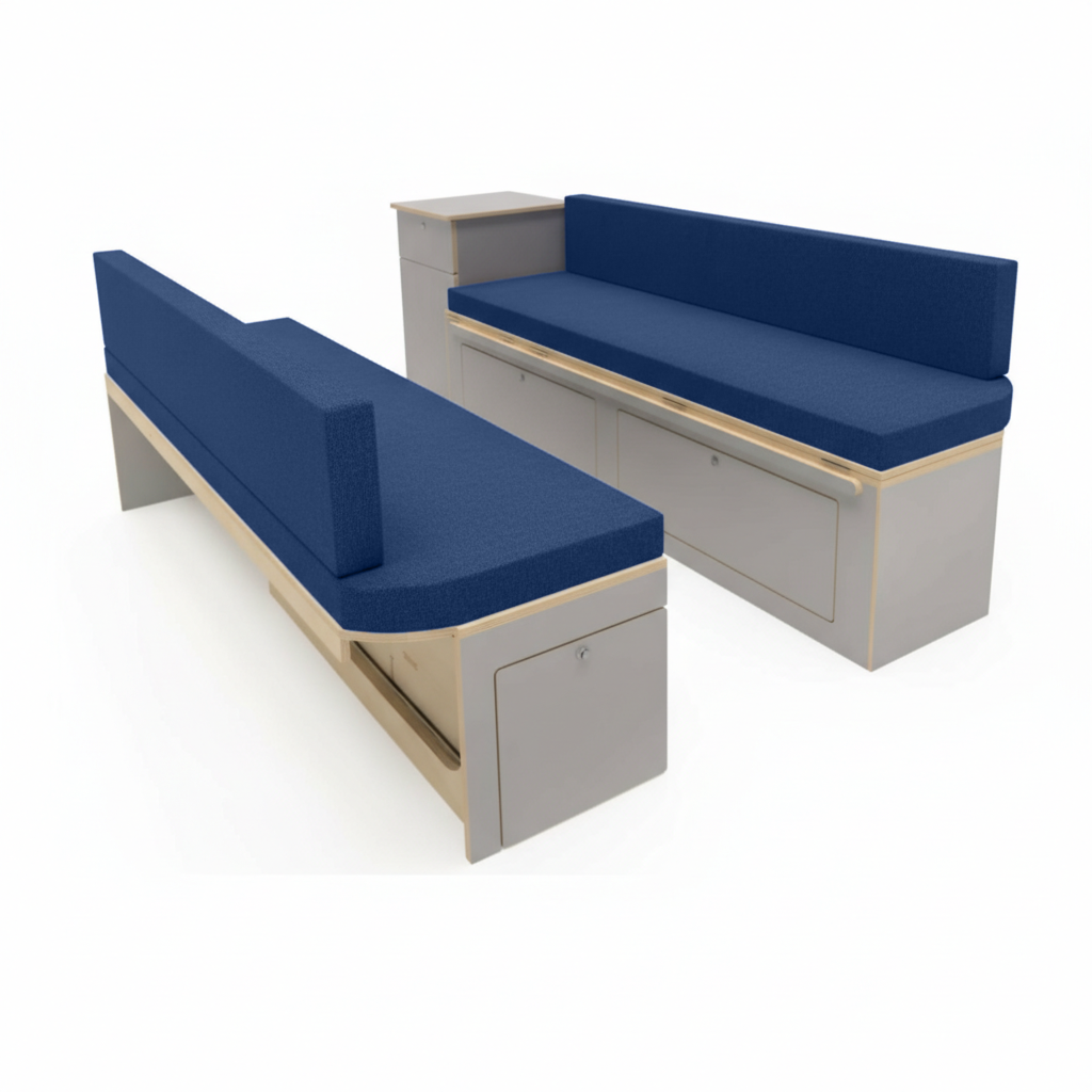 Made to measure royal blue motorhome upholstery with high density foam
