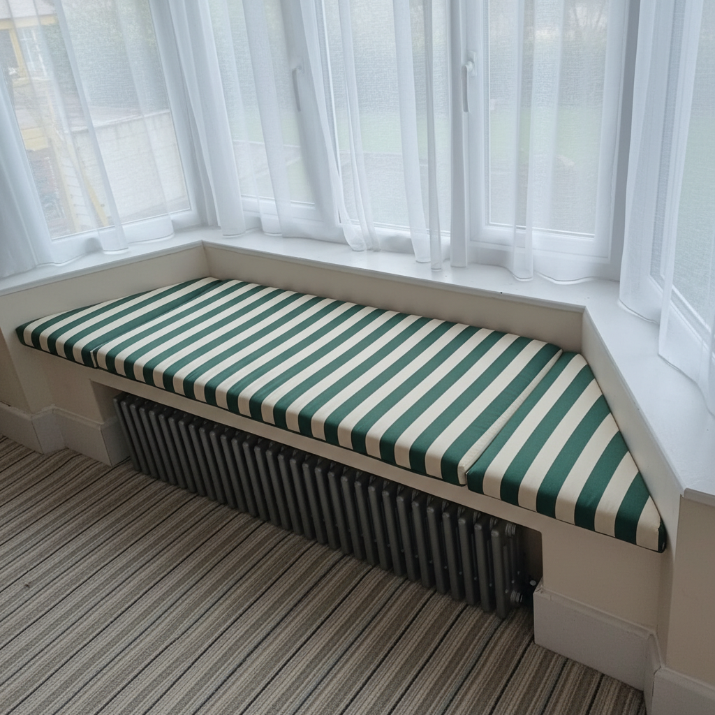 Made to order 3-piece trapezoid bay window cushions for angled indoor seating