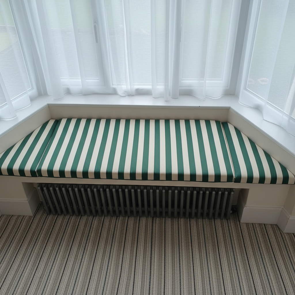 Made to order 3-piece trapezoid bay window cushions for angled indoor seating
