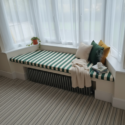 Made to order 3-piece trapezoid bay window cushions for angled indoor seating