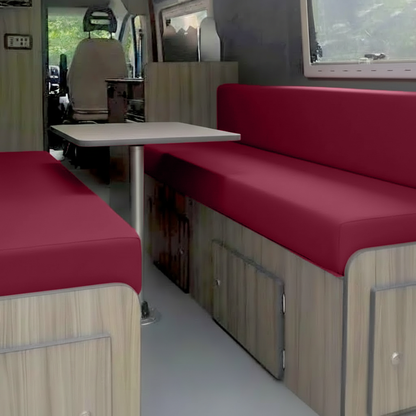Maroon campervan upholstery on rock and roll bed interior
