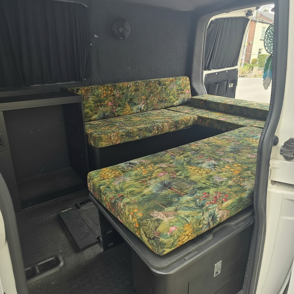 Exotic rainforest safari Campervan cushions with green foliage-Lush Green Wildlife Upholstery on dining area benches-Deep jungle print motorhome seating with palm trees-High density foam cushions for nature-inspired van conversion-Maximalist camper interior with green botanical fabric

