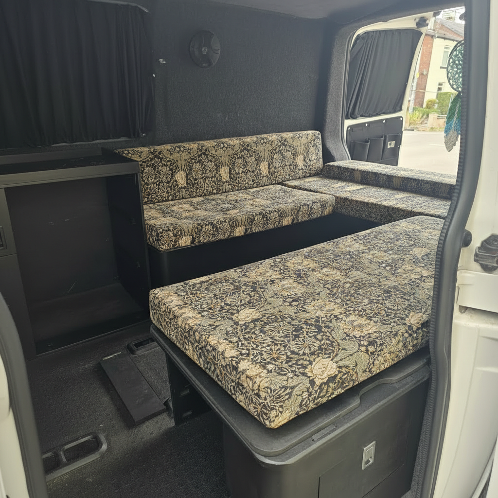 Midnight Botanical pattern bespoke campervan cushion seating-Premium charcoal motorhome cushions with floral design-Custom made to measure campervan bed cushion UK-Handcrafted luxury motorhome seating and replacement cushions-High quality caravan cushion seating with dark floral print
