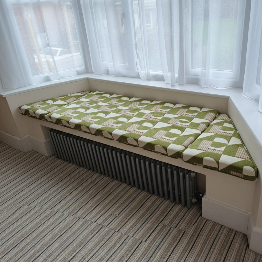 Modern box edged bay window cushion set replacement for angled seating areas