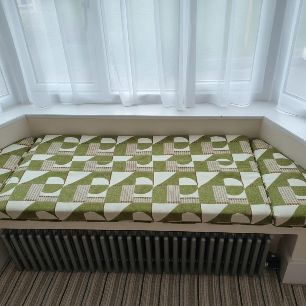 Modern box edged bay window cushion set replacement for angled seating areas