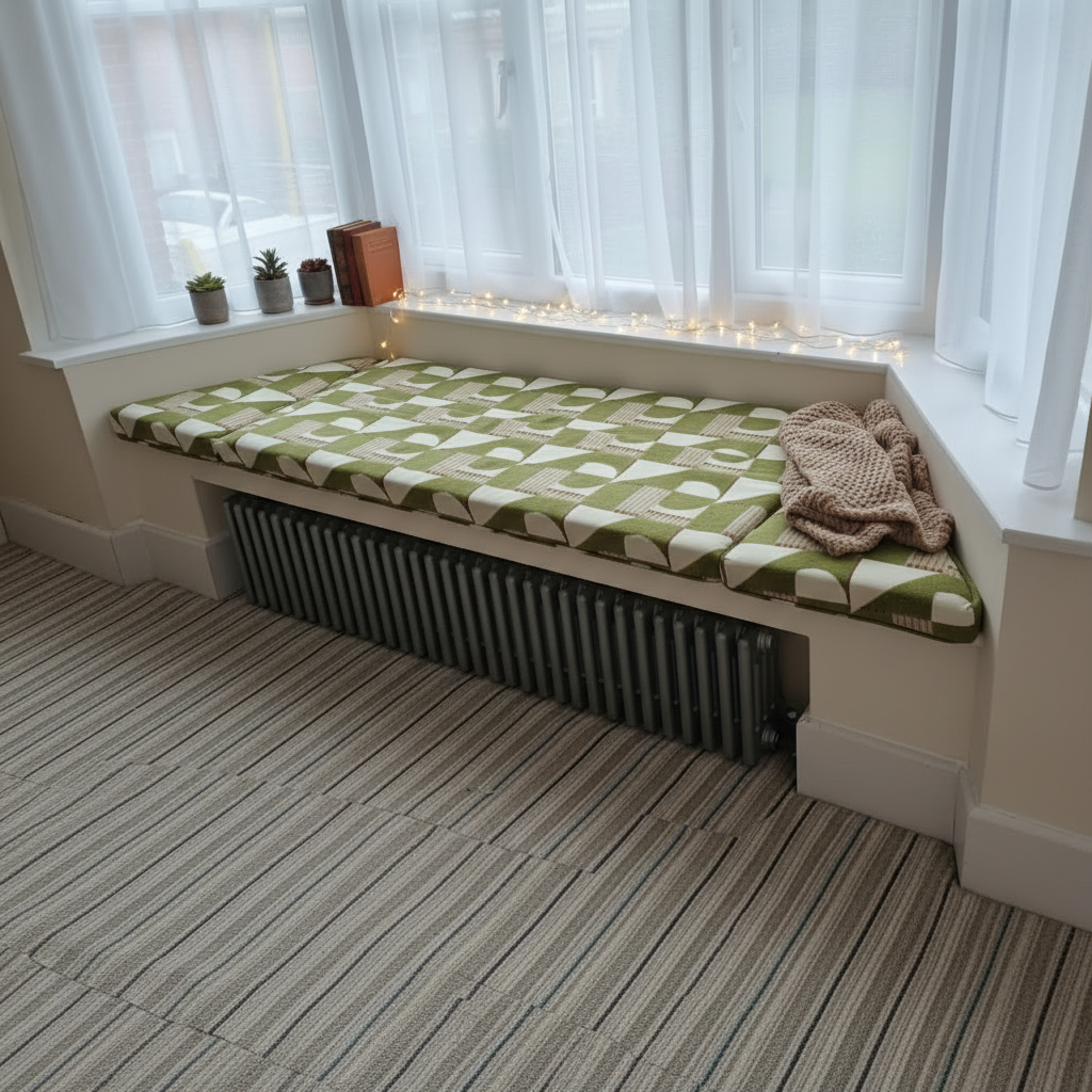 Modern box edged bay window cushion set replacement for angled seating areas