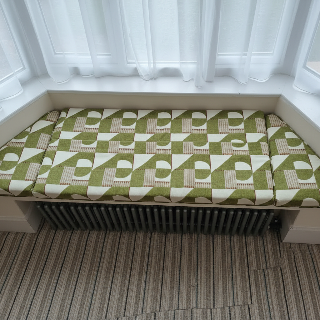 Modern box edged bay window cushion set replacement for angled seating areas