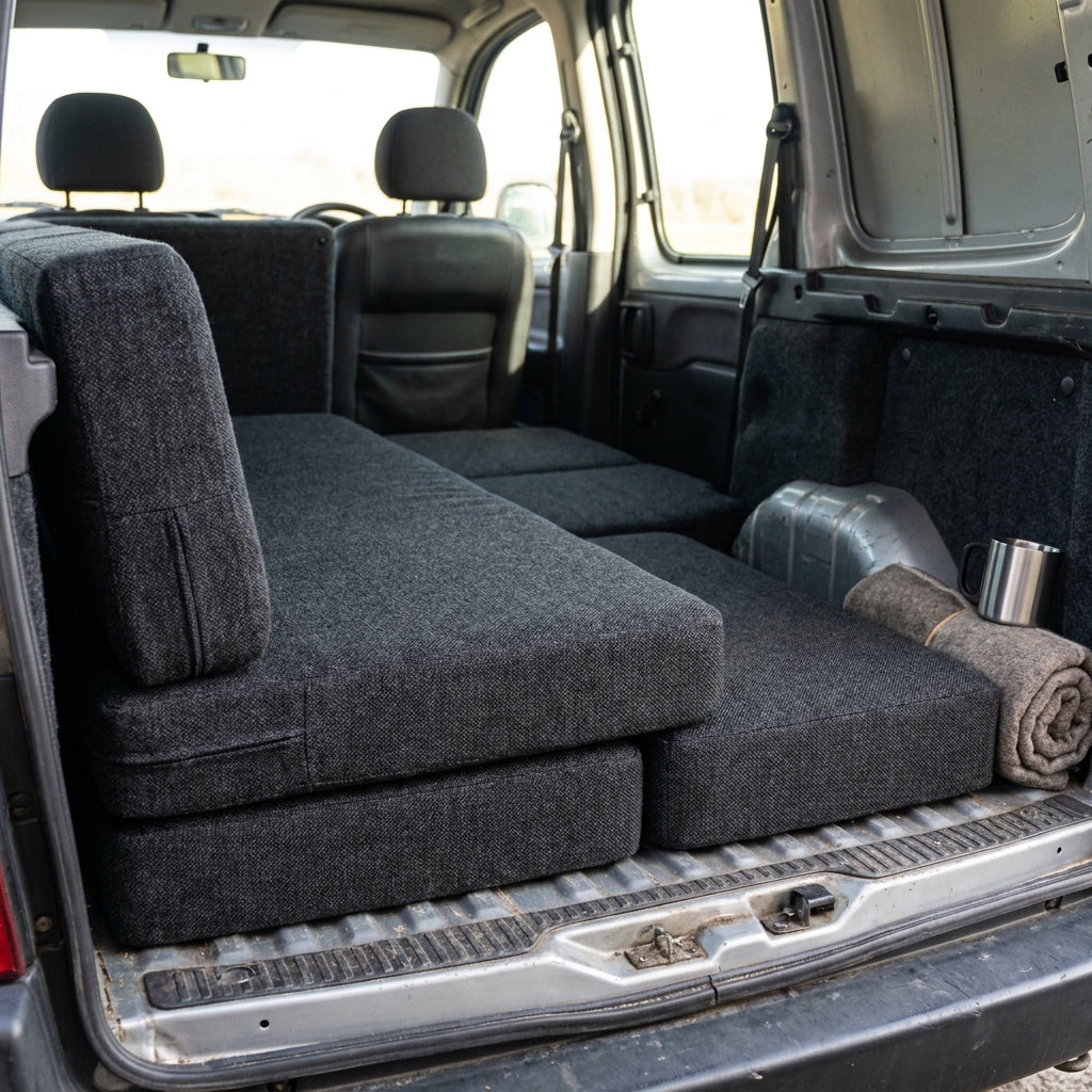 Modular foam cushion system for Citroen Berlingo camper conversion providing tailored sleeping surface with UK handmade craftsmanship