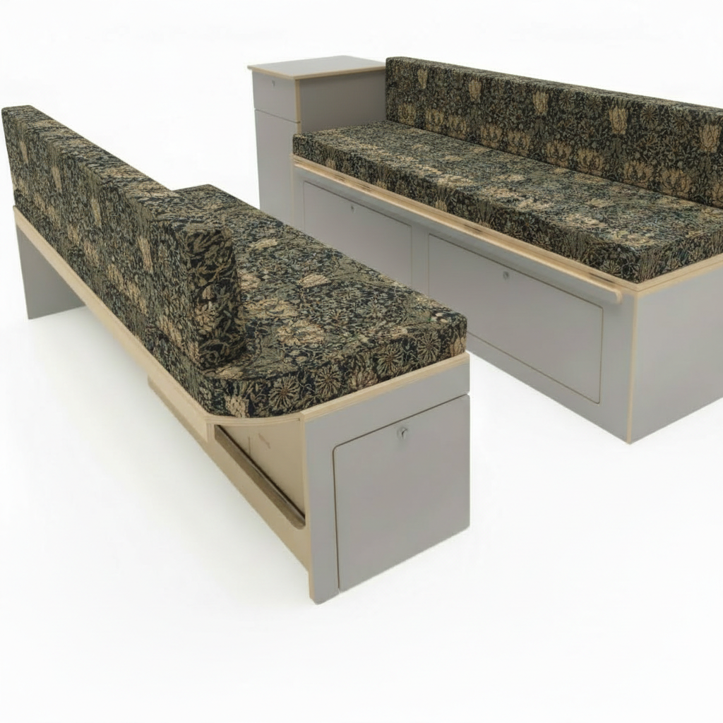 Heritage dark botanical Campervan cushions in luxury interior-William Morris Style Arts & Crafts Upholstery on dining seats-Dark floral motorhome seating with gold leaf pattern-High density foam cushions for vintage caravan restoration-Moody interior design for campervan conversion
