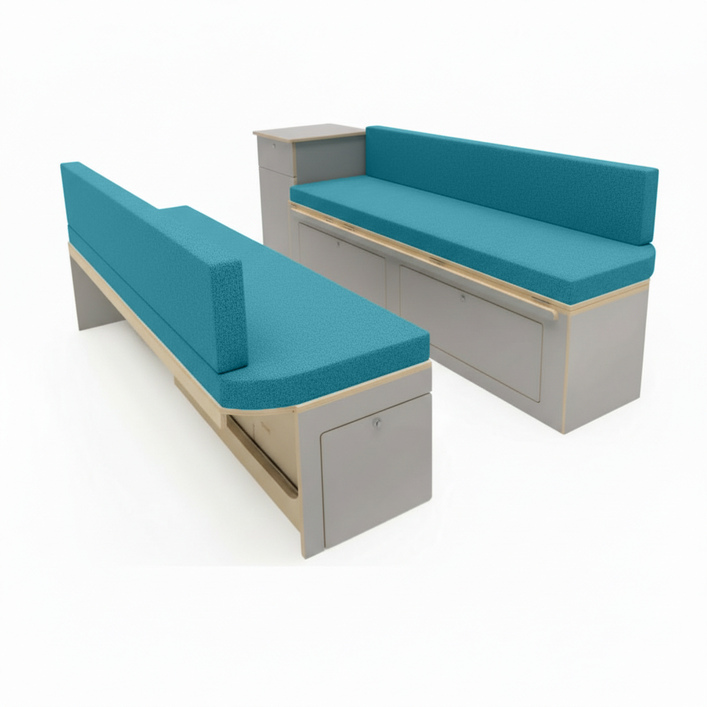 Motorhome interior featuring made to measure Teal upholstery