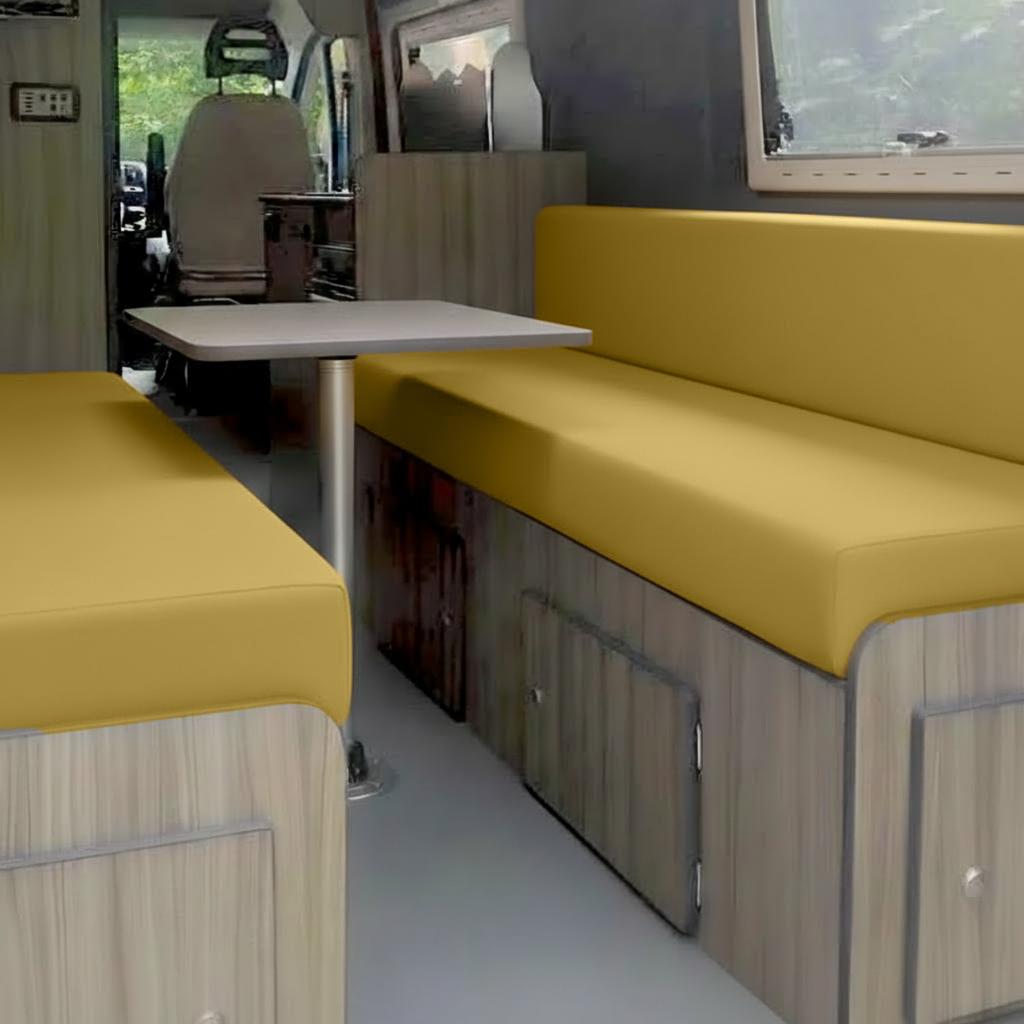 Mustard gold campervan upholstery fabric on rock and roll bed seating

