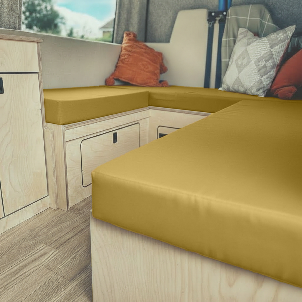 Mustard gold upholstery fabric in modern campervan conversion

