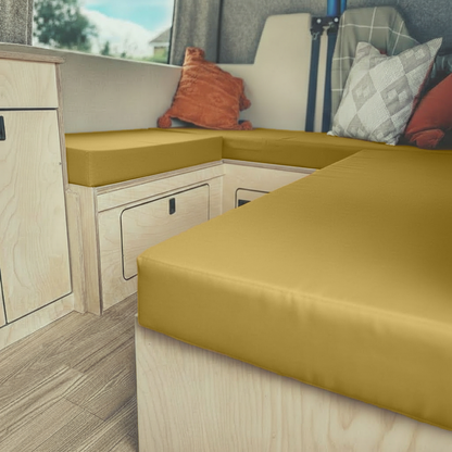 Mustard gold upholstery fabric in modern campervan conversion
