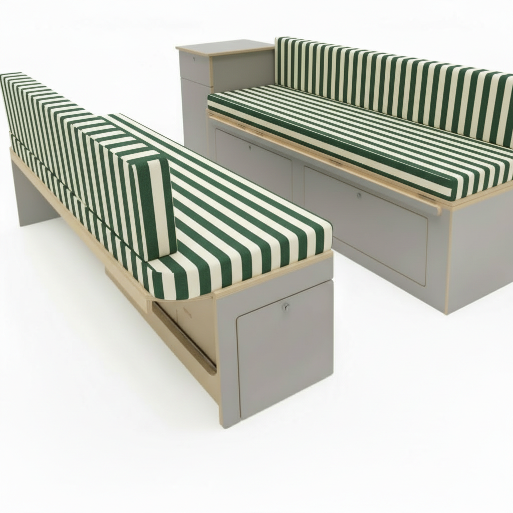 Classic bottle green cabana stripe Campervan cushions interior-Traditional Beach Hut Style Upholstery on dining benches-Vintage deckchair stripe motorhome seating in green and cream-High density foam cushions with wide block stripe-Nautical seaside camper conversion design ideas
