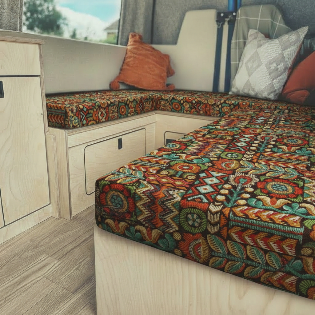 Bohemian tribal Aztec Campervan cushions interior-Heavyweight Tapestry Style Upholstery on dining seats-Eclectic boho van seating with orange and teal pattern-High density foam cushions with woven gobelin design-Nomadic style camper conversion with textured fabric
