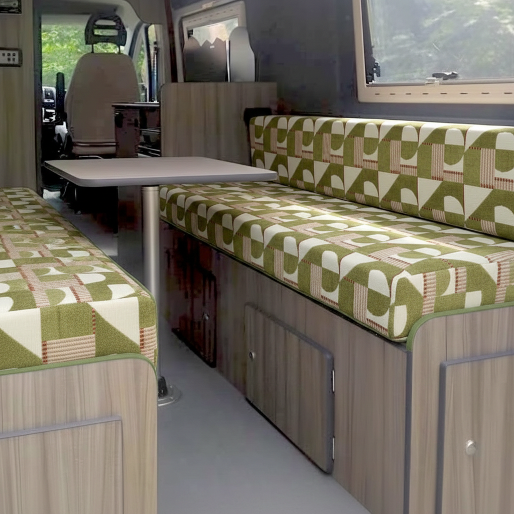Olive Geometric pattern bespoke campervan cushion seating-Premium green motorhome cushions with abstract modern design-Custom made to measure campervan bed cushion UK-Handcrafted modern motorhome seating and replacement cushions-High quality caravan cushion seating with olive geometric print
