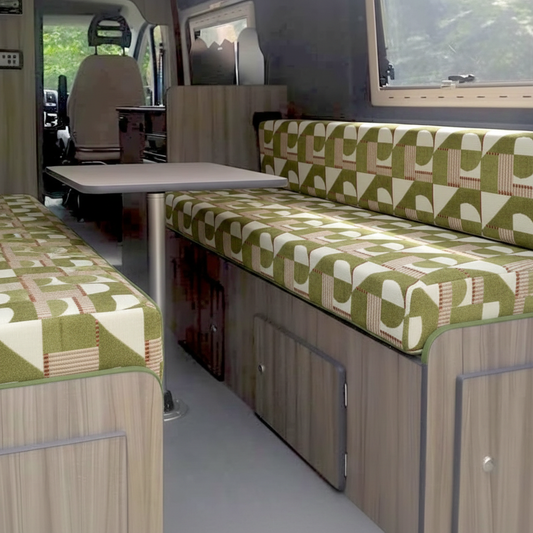 Olive Geometric pattern bespoke campervan cushion seating-Premium green motorhome cushions with abstract modern design-Custom made to measure campervan bed cushion UK-Handcrafted modern motorhome seating and replacement cushions-High quality caravan cushion seating with olive geometric print
