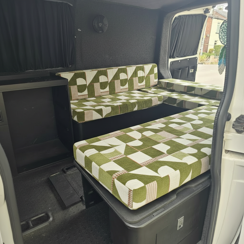 Olive Geometric pattern bespoke campervan cushion seating-Premium green motorhome cushions with abstract modern design-Custom made to measure campervan bed cushion UK-Handcrafted modern motorhome seating and replacement cushions-High quality caravan cushion seating with olive geometric print
